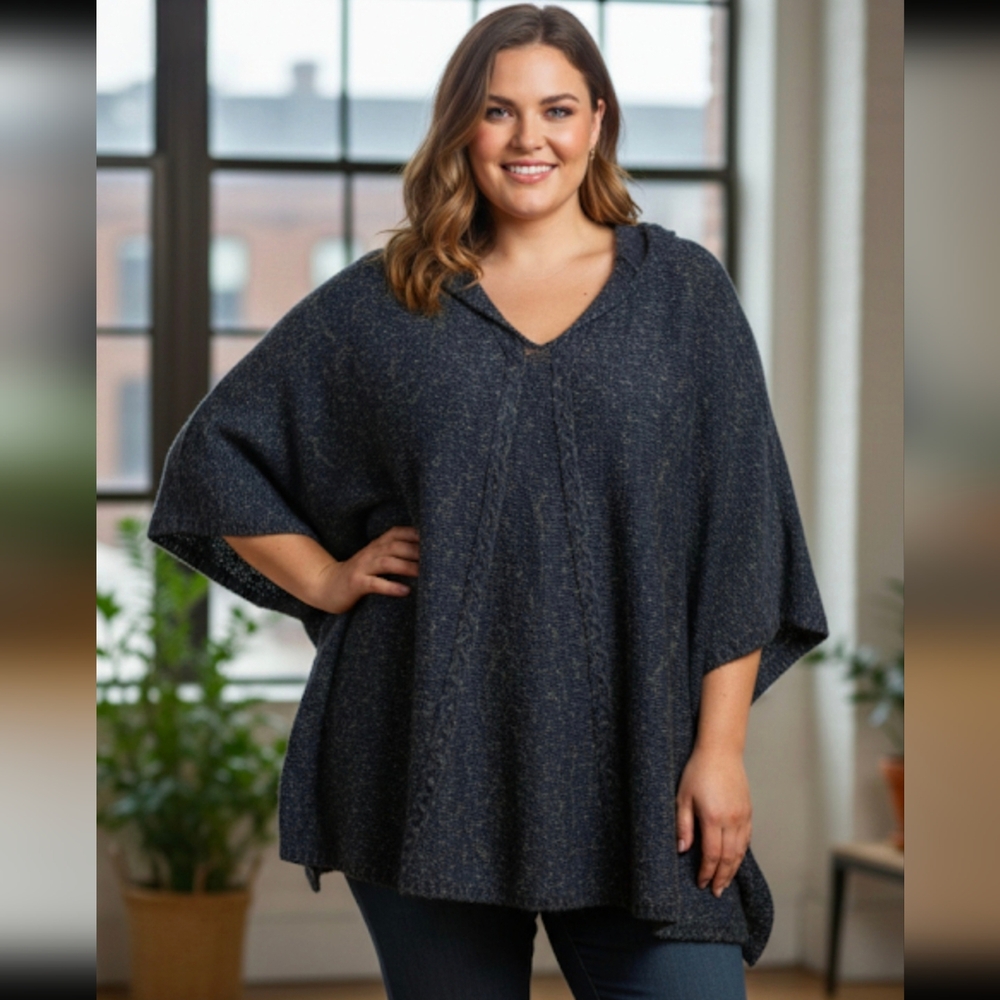 D/C Jeans Hooded Fuzzy Poncho Sweater - Boho Chic Knit , Plus Size 3X